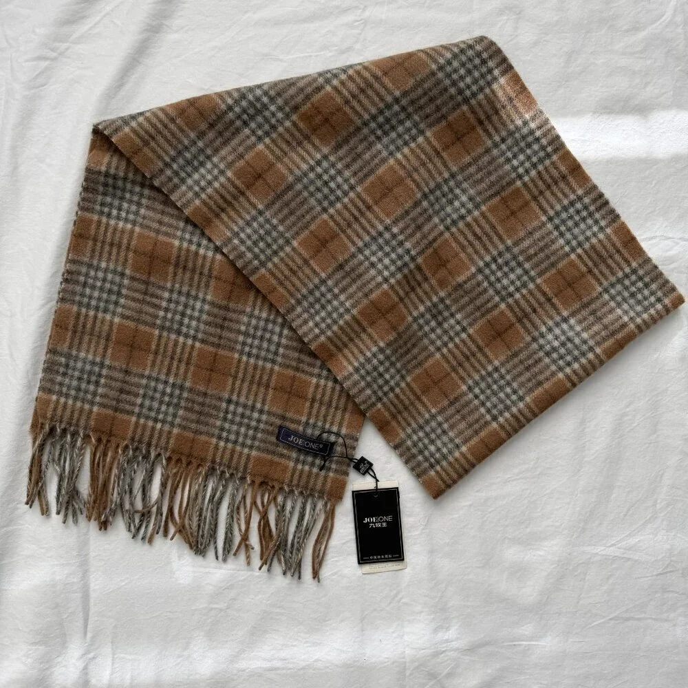 JOE ONE Cashmere Tan Gray Plaid Scarf NWT